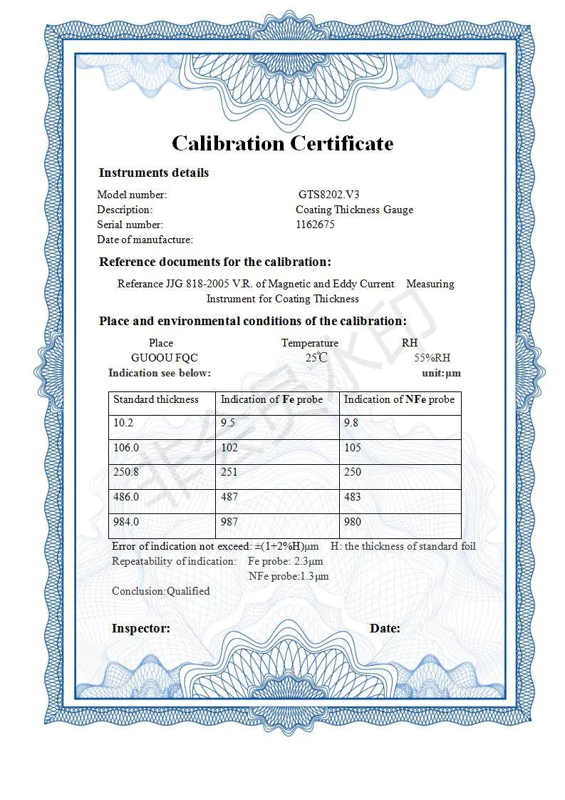 Calibration certificate by our company along with each product